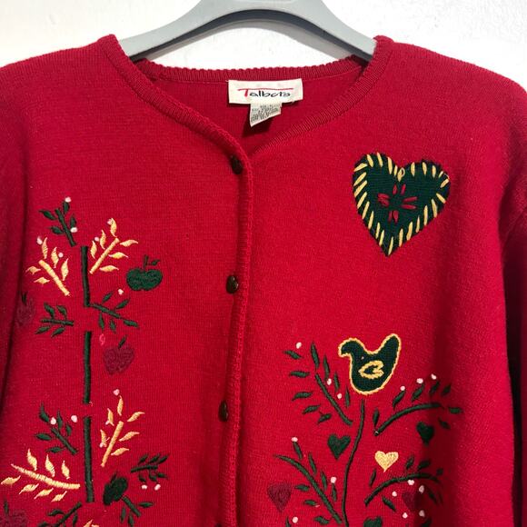 TALBOTS VTG 100% Wool Embroidered Hearts Birds Apple Beaded Cardigan Size L - Picture 4 of 15